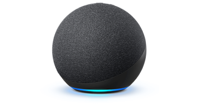 Closeup of Amazon Alexa speaker on white space.