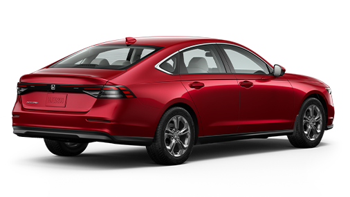 ¾ driver side rear facing view of 2023 Accord Sport Hybrid model in Radiant Red Metallic colour