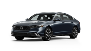 ¾ driver side front facing view of 2023 Accord Touring Hybrid model in Meteoroid Grey Metallic colour