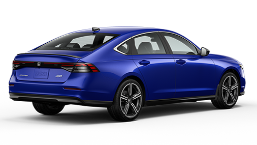 Vue ¾ arrière côté conducteur du modèle Accord Sport Hybride 2024 en nuit paisble fini nacré