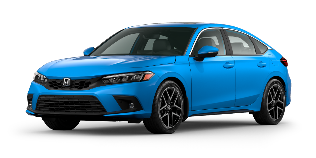 3/4 front view of blue Hatchback on white space.