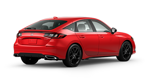 ¾ driver side rear facing view of 2023 Civic Hatchback Sport model in Rallye Red colour
