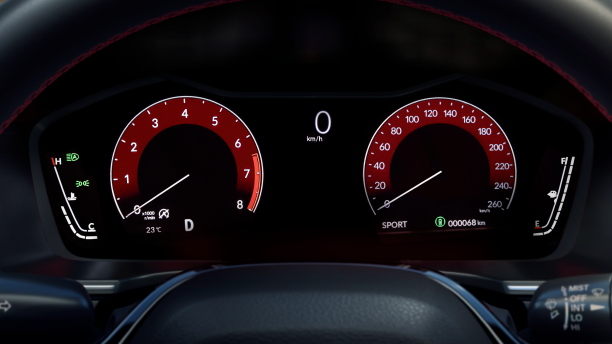 Gros plan de l’écran TFT du compteur du conducteur, montrant le compte-tours, l’indicateur de vitesse, le compteur kilométrique, etc.