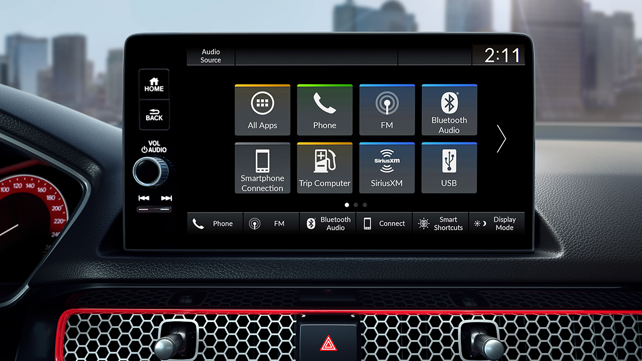 Closeup of colour touchscreen displaying its home screen.