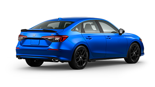 ¾ driver side rear facing view of 2024 Civic Sedan Si model in Aegean Blue Metallic colour