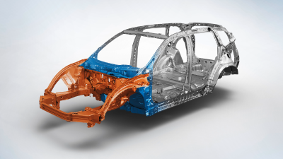 3/4 front view of CR-V body structure on white space. 