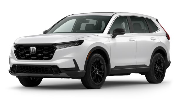 ¾ driver side front facing view of 2024 CR-V EX-L Hybrid model in Platinum White Pearl colour