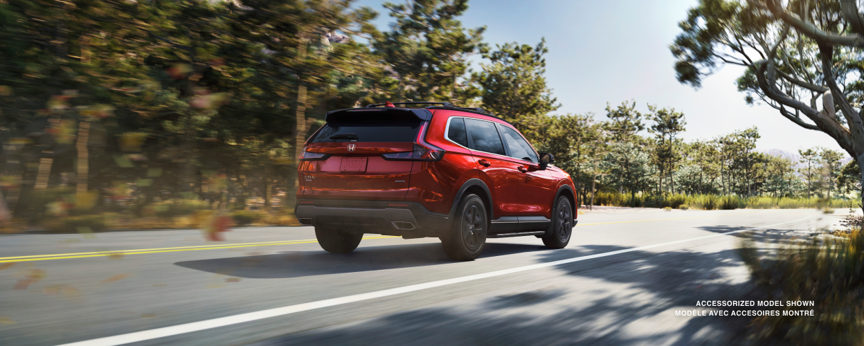 3/4 rear view of red CR-V driving on a forest highway.