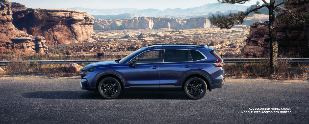 Sideview of a blue CR-V parked in the desert. Desert backdrop.