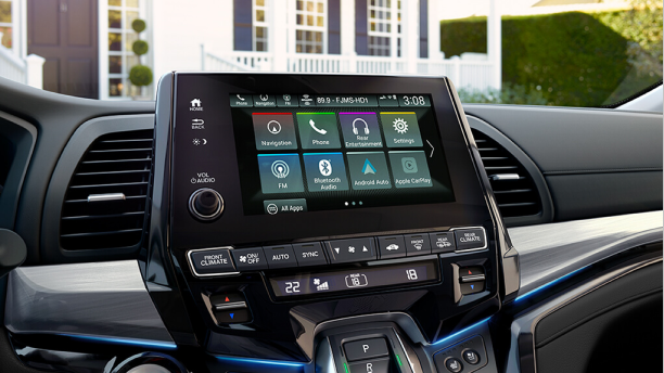 Closeup of main menu on centre console touchscreen.