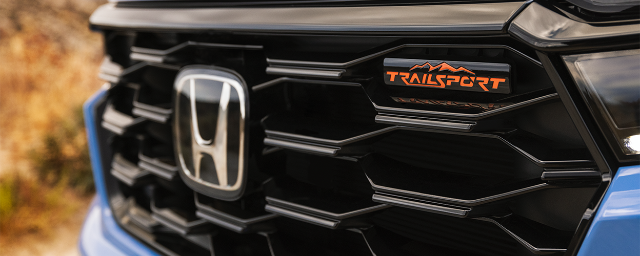 Gros plan de la calandre d’un Pilot bleu pâle montrant le logo Honda et l’emblème TrailSport. 