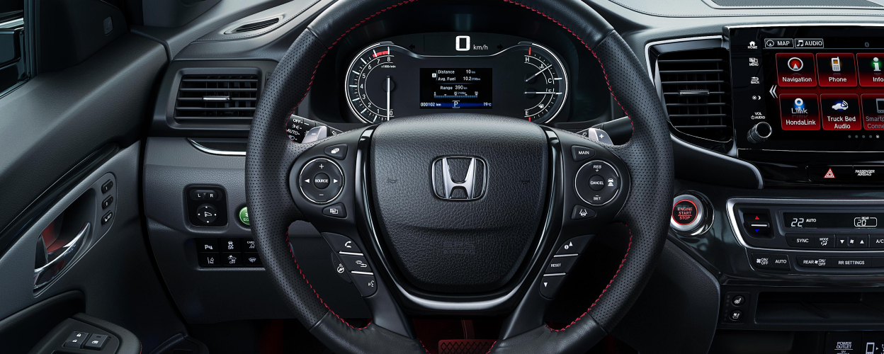 Closeup of Ridgeline steering wheel.