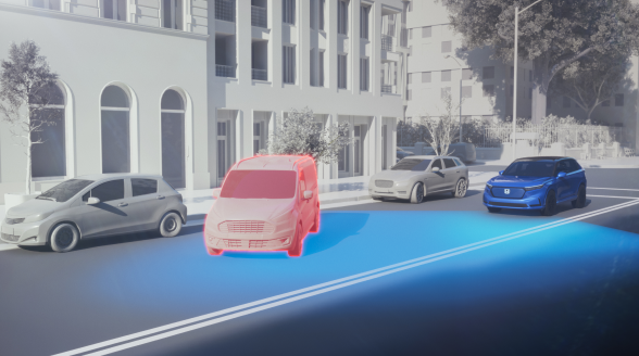 Graphic image of a vehicle with blue lights emanting from the front. 