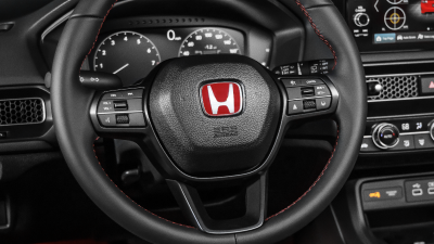 Closeup of steering wheel. 