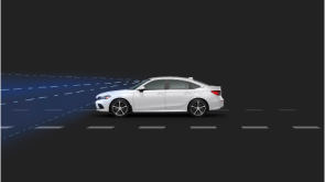 Side view of white Civic Sedan. Blue sensor waves and lines emit from the front. 